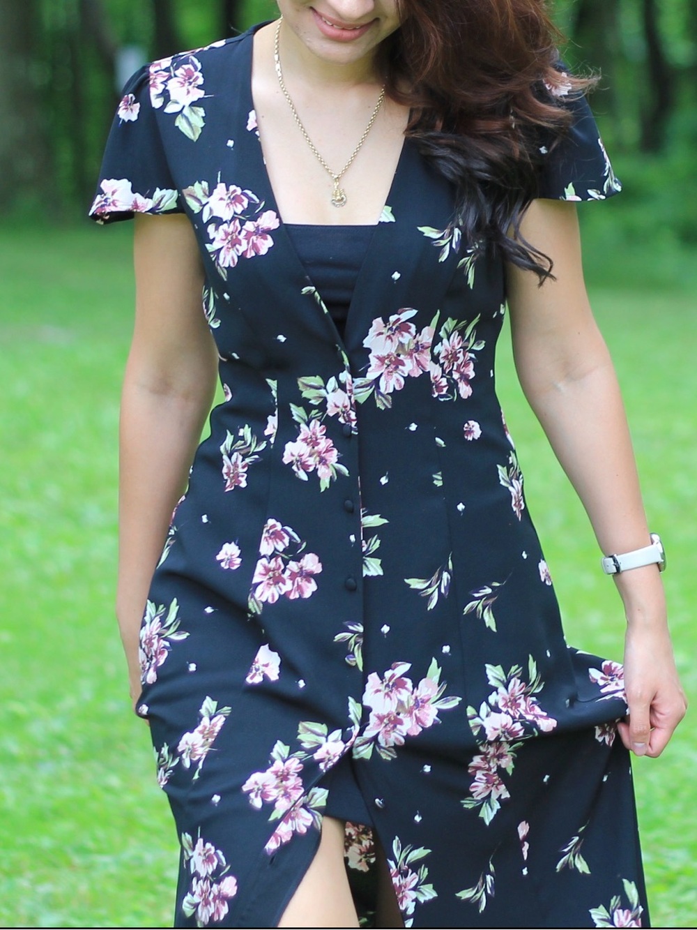Zara Black long Dress with Pink and Cream Floral Print